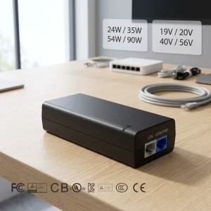 0.6A 1A 24W 35W 90W 19V 48V 54V 56V Dual 2 Port Power Over Ethernet Passive Active Desktop Poe Injector Adapter with C6 C8 Plug