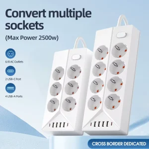 1.8m Cord Supporting 12 Devices Charging EU Power Strip Extension Socket with Overload Protection 8 Outlets for Office Table Use