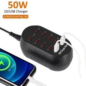 10-Port USB Charger, 100V-240V EU US KR UK Plug Desktop Charging Station for Multiple Devices