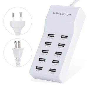 10-Port USB Charger Adapter with US/EU Plug, AC 5V/2A Desktop Dock