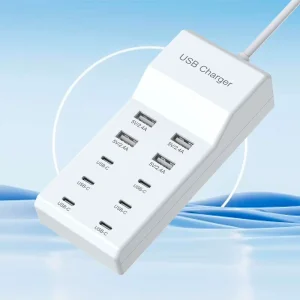 10-in-1 USB and Type-C Charger 2m Cable 10 Outlets White with US/UK/EU Plugs