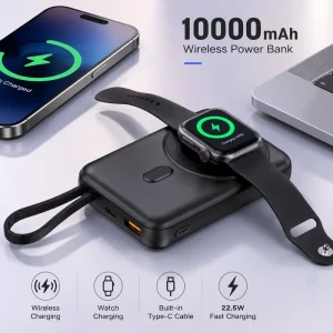 10000mAh Type-C Cable Phone Holder Wireless Charger 22.5W PD Smart IC Built-in Cable 2-in-1 Power Bank