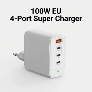 100W 65W 30W 4-Port Fast-Charge USB-C Desktop Charger Plug, 3 USB-C and USB-A Ports, Multi-Port Power Adapter for Laptops and Travel