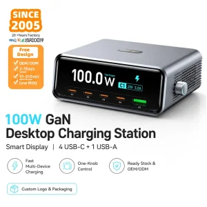 100W Desktop Charging Station GaN Fast Charger 5 Port USB C Charger Smart Display Multi Port Phone Tablet Charger