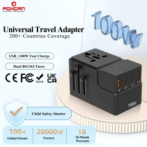 100W GaN All-in-One Multi-Plug Travel Power Adapter with 3 Type-C Ports, CE FCC RoHS Certified