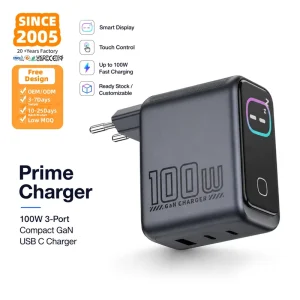 100W GaN Charger, 3-Port USB-C Fast Charger with Smart Display, Compact Wall Power Adapter for Phone and Tablet