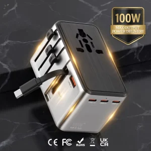 100W GaN PD Worldwide Travel Adapter 4 USB C Ports UK US EU Fast Charge Converter Power Plug with Retractable Type-C Cable