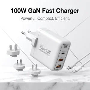 100W GaN Wall Charger 4-Port Fast Charging Station with Dual PD Ports Type-C & USB Foldable Plug for Laptop Phone Tablet