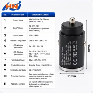 100W PD USB Type C Dual Port for Universal Phone Mini Fast Charging Car Adapter