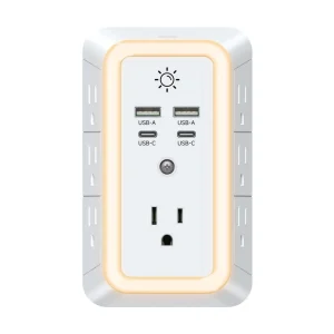 11 IN 1 USB Wall Charger Surge Protector with Night Light 7 AC Outlet Extender Splitter With 4 USB Charging Ports (2A+2C)