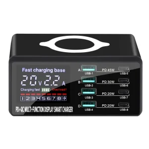 110W 9-in-1 Multi-Port Desktop Charging Station 4xUSB-C PD 4xUSB-A QC Fast Charging LCD Display 15W Wireless Charging