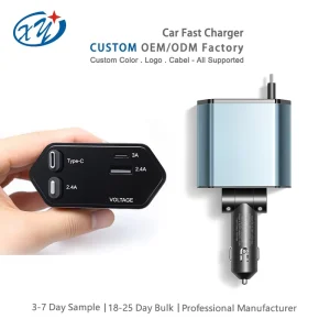12 24V Universal Car Charger With Real time Voltage Monitor Retractable Cable Auto Charger OEM Manufacturer For USA Market