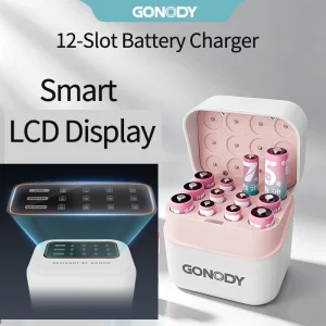 12-Slot Lithium AA+AAA 12AA Rechargeable Battery Charger Case Integrated LCD Display Smart Charging Status 15W Output Power