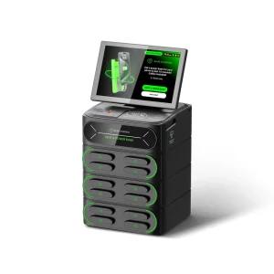 12 Slots Shared Power Bank Station with 10.1 Inch Advertising Touch Screen Fast Charging POS NFC Tap to Pay Rental Vending Kiosk