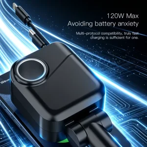 120W 5 in 1 Car Charger Retractable USB C Cable LED Digital Display Cigarette Lighter Socket Fast Charge 12V 24V