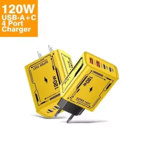 120W GaN 4-Port Charger with 2 USB and 2 USB-C Ports, PD QC3.0, OVP/OCP Protection, EU/US/UK Plug