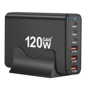 120W Multifunctional 6 Port GaN PD QC Fast Charging Desktop Charger with 3A3C Output for Laptop Computer Camera & Microphone
