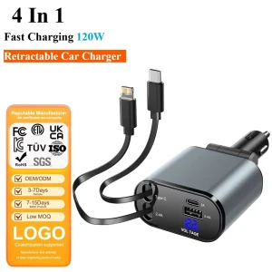 120W USB Retractable Car Charger, 4-in-1 with LED Digital Display, Type-C and 8-Pin Cable