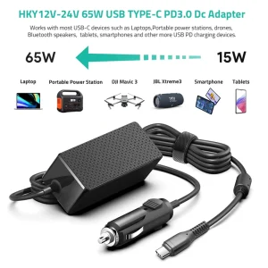 12V 24V 65W DC Car Adapter for Portable Power Station USB C Laptop Charger Adapter Universal Travel Adapter Car Charger