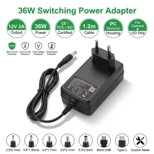 12V 3A 36W DC Multi-Plug Switching Power Adapter with 1.2m Cable, PC Material, for Camera and LED Strip Lights