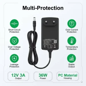 12V 3A 36W DC Power Adapter Plug in with 1.2m Cable PC Material for CCTV Camera LED Strip Light