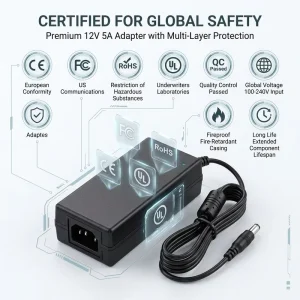 12V 5A 60W Power Adapter for Laptop PC Monitor CCTV Camera LED Strip with 5.5*2.1mm Plug Desktop Charger Supply