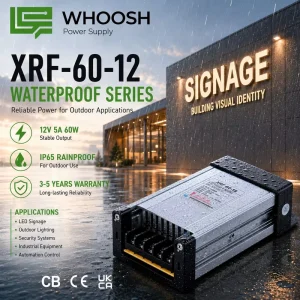 12V 5A 60W Waterproof LED Power Supply IP62 AC DC Transformer Adapter for Outdoor LED Strip Signage and Landscape Lighting
