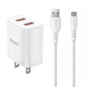 12W Fast Charging Dual USB-A Port US Standard Charger with USB-A to Type-C Cable YC17U