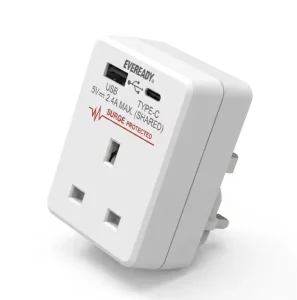 13A European to UK 3-Pin Socket Converter with Surge Protection, USB Charger, 5V 2.4A Max