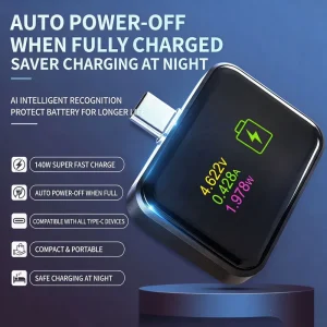 140W USB C Charging Adapter, Auto Power Off Battery Protector with LED Display, Overcharge Protection for Type-C Phones Tablets