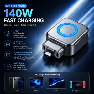 140W USB-C Smart Auto-Eject Charging Adapter Physical Disconnect Fast Charger for Phone Laptop Tablet