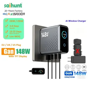 148W 4-Port GaN Desktop Charger PD3.1 Fast Charging Station with AI Smart Display US Plug Wall Adapter for Laptop Phone