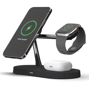 15W Magnetic Wireless Charger QC3.0 5-in-1 Vertical Charging Stand with USB-C Port for Phones and Smart Earphones
