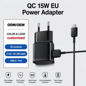 15W QC EU USB Power Adapter with 1.2M 3A A-to-C Cable, Overvoltage Protection