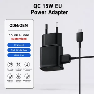 15W QC EU Wall Charger with 1.2M 3A A-to-C Cable, Overcurrent Protection