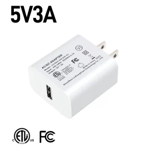 15W USB Wall AC Power Adapter, 5V 3A, US Plug, ETL FCC Approved, UL DOE Level VI NRCAN