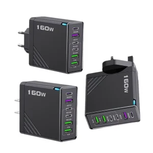160W 6 Port PD QC3.0 Type C USB Wall Charger with US EU UK Plugs GAN Material Fast Charger