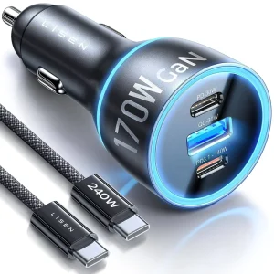 170W GaN Car Charger with PD3.1, 140W USB-C Adapter for Laptops and Phones
