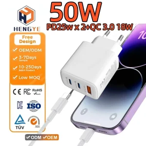 18W PD QC3.0 3-Port USB Charger with USB-C 25W/50W Fast Charging, Wall Socket Adapter