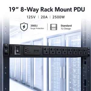 19 Inch 1U Rack Mount Aluminium PDU 15A 8 Way US Outlets Power Distribution Unit 3900J Surge Protector Overload Protection