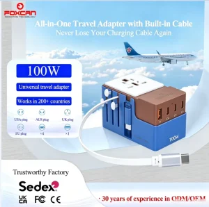 1A4C 100W Global Travel Adapter with USB-C Quick Charge Universal International Power Plug