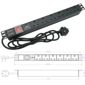 1U 19 Inch 6-Way UK Type PDU Rack Power Distribution Unit
