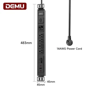 1U 19″ Rack Power Distribution Unit 4 US Sockets PDU with LCD Meter 20W USB-C PD Charger & 2100J Surge Protection