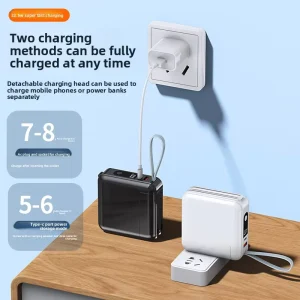 20000mAh AC Wall Plug 2 in 1 Power Bank with Integrated Cables 22.5W High Speed Charge Portable Battery for Smartphones Tablets