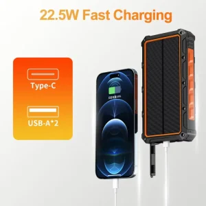 20000mAh PD Solar Power Bank with Foldable 4-Panel Solar Charger, Fast Charging, and Built-in Cables for Outdoor Camping