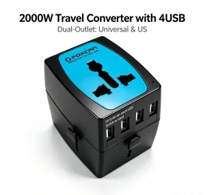 2000W Travel Converter Dual Universal & US Outlets Adapter and Converter Combo with 4 USB Ports