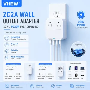 20W 30W EU to US Plug PD Travel Charger Adapter with Retractable Cable 2C2A USB Fast Charging Block and AC Socket