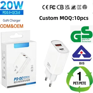 20W GaN Fast Charger USB C Wall Adapter PD Quick Charging Phone Tablet Power Supply Low MOQ 10pcs