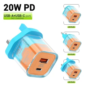 20W PD 3.0 QC 3.0 USB-C Power Supply Adapter, 5V/3A, UK Plug, Dual-Port Wall Charger for Cameras