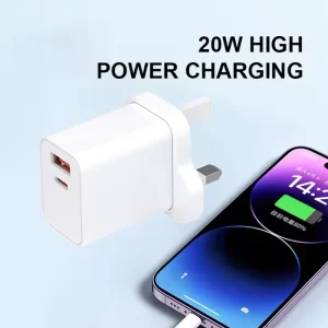 20W PD 3.0 Type-C & USB-A Travel Wall Charger Smart Eco-Friendly Fast Charging Adapter UK Plug for Cell Phones & Cameras